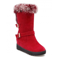 Faux Fur Buckles Hidden Wedge Snow Boots - Brown Red